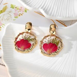 Pressed Flower Resin Earrings | Red Rose Petal Dangle | Gold Tone Floral Jewelry